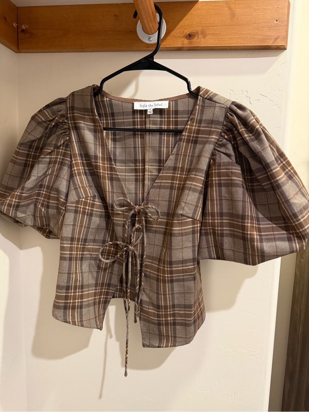 Sofie the Label Brown Plaid Tie-Front Puff Sleeve Blouse